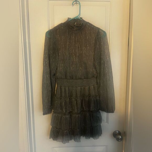 1 State Metallic Smocked Dress Mock Neck Tiered Ruffle Dress | small - Picture 5 of 6